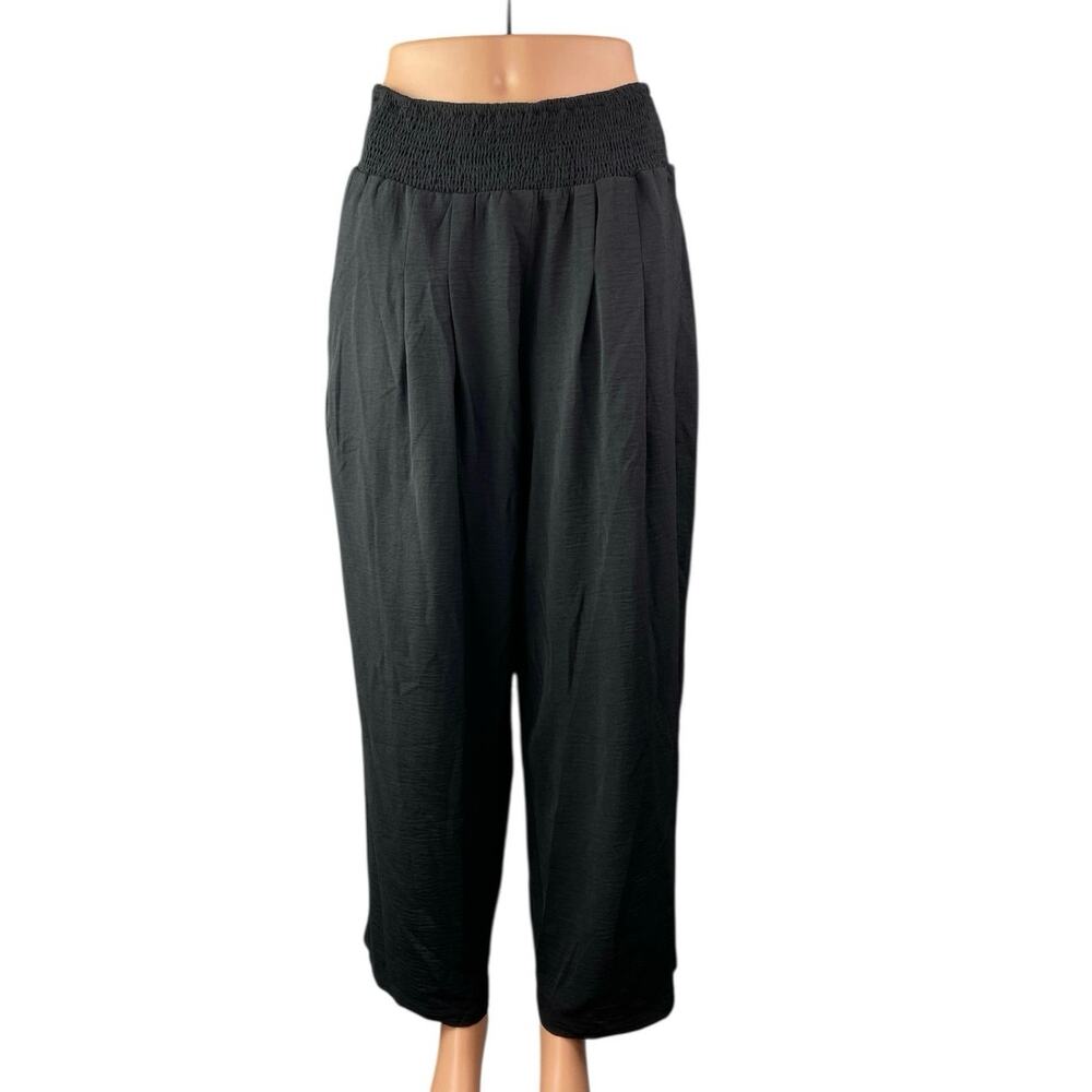 Women's Black Smocked Elastic High Waist Pleated Tapered Leg Trousers Pants Sz L